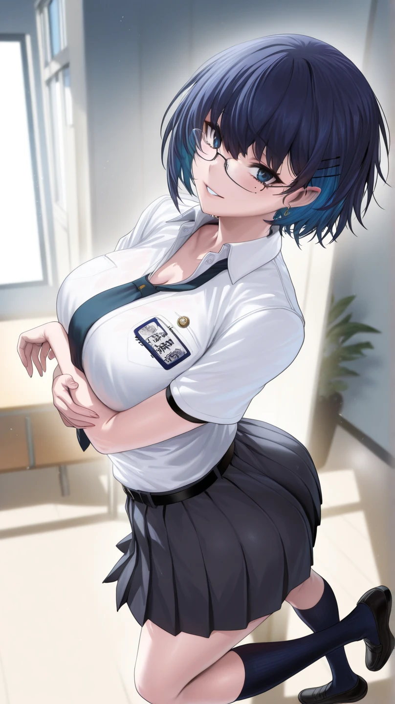 michirutojo, Looking at Viewer,
blue hair, large breasts,
Glasses,
White shirt, Collared shirt, Short sleeves, Denim shorts,
Wink, Smile, Open mouth, blush,