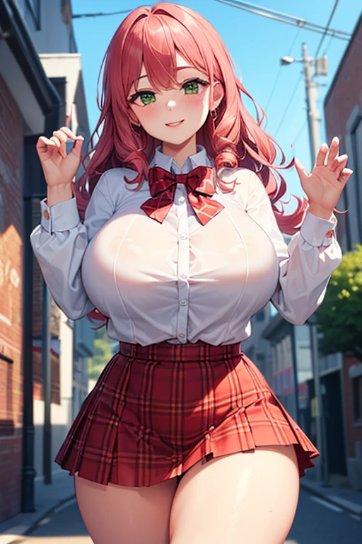 Masterpiece artwork, best qualityer, highres, 1girl, sexly, sensuous, big-ass, big boobies,Red hair, long hair, multicolored hair, Eyes red, jewelly, earrings, piercing,  Bikini, black choker, plaid hip skirt, ssmile, ssmile, standingn, tiro de cowboy, plein-air,