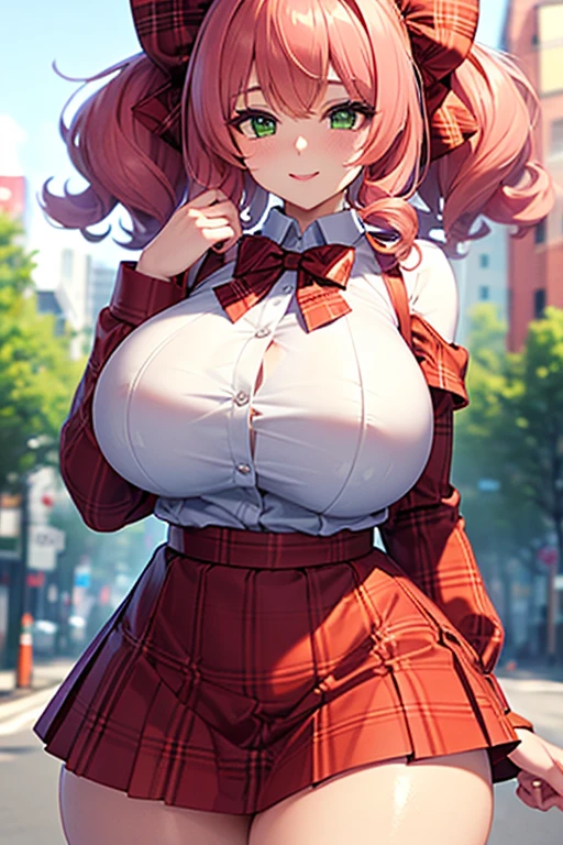 masterpiece, best quality, finely detailed, 1girl, pink_rose hair, pleated skirt, (school uniform), huge breasts, cleavage, (Country house,Lover's House,door:1.2),moonlight night,Five Fingers,Shiny skin,She want to have sex,she is inviting me,bad eyes,(skinny body type),