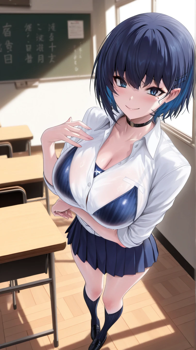 wide angle, 1girl, open mouth, ahegao, tongue, blush, makeup, light smile, provoking, POV, from below, standing, , indoor, classroom, school student, light rays, glow, thighs, collarbone, (masterpiece), wallpaper, Unbuttoning the chest shirt, soft skin, blue hair, sexy, safe, Long tight stockings, sfw, 4k, high resolution, ((soft fanservice)), green Eyes, C-cup, SFW, SAFE FOR WORK