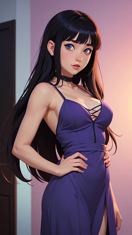 (​masterpiece、top-quality、hight resolution、Unity 8k、extremely details CG:1,Best Picture), A gorgeous escort with a curvy body is sitting on a couch, texting on her phone with a bored look. She is wearing a tight, revealing dress that accentuates her figure, but she barely acknowledges the client in the room, showing clear disinterest. (((dark skin))), nsfw, (purple ribbon, Whores)