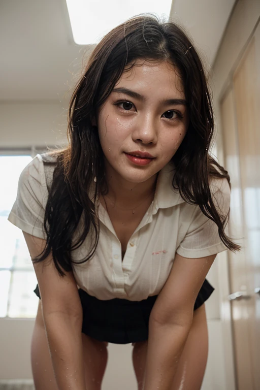 Tiny young Asian teen in silk shorts and blouse holding her breast putting a dick in her mouth, fellatio, blowjob, sucking dick, one breast revealed open top, shorts pulled to one side revealing vagina, tight pussy