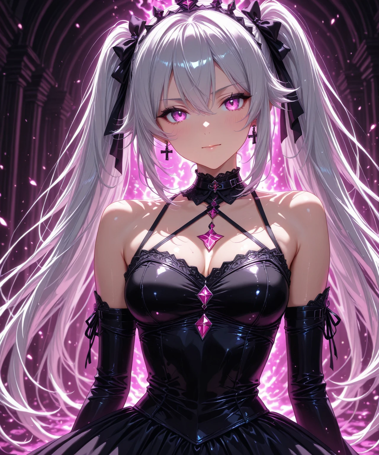 nice 18 year old, Charming Gamer Girl, E-girl with game setup and sexy plush toys, Provocative clothing with LED lights、Pink Straight Hair、And a captivating smile, Playing and looking at camera