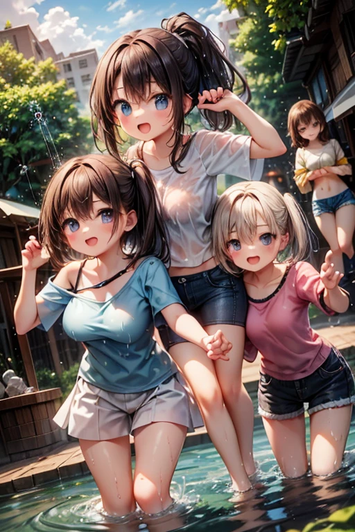 ((masterpiece, best quality, ultra quality, high quality, hyper detailed, intricate detailed, perfect anatomy, shiny skin)), ((upper body:1.2)), (three women are posing for a camera:1.4), wood々In a park with,bench, (Lift up your camisole), (full nude:1.4), (smile, shy, red cheek, blush:1.2), (Open your mouth:1.6), (Stand in line) , brown hair, blond hair, navel, jewelry, looking at viewer, necklace, long hair, short hair, Abdominal muscles,  straight hair, bob cut, blunt bangs, silky hair, hair clip, hair band, hair ribbon, one-length haircut, ducktail, outward curled hair, French twist hair, twintails, side ponytail, single braid, wavy hair,