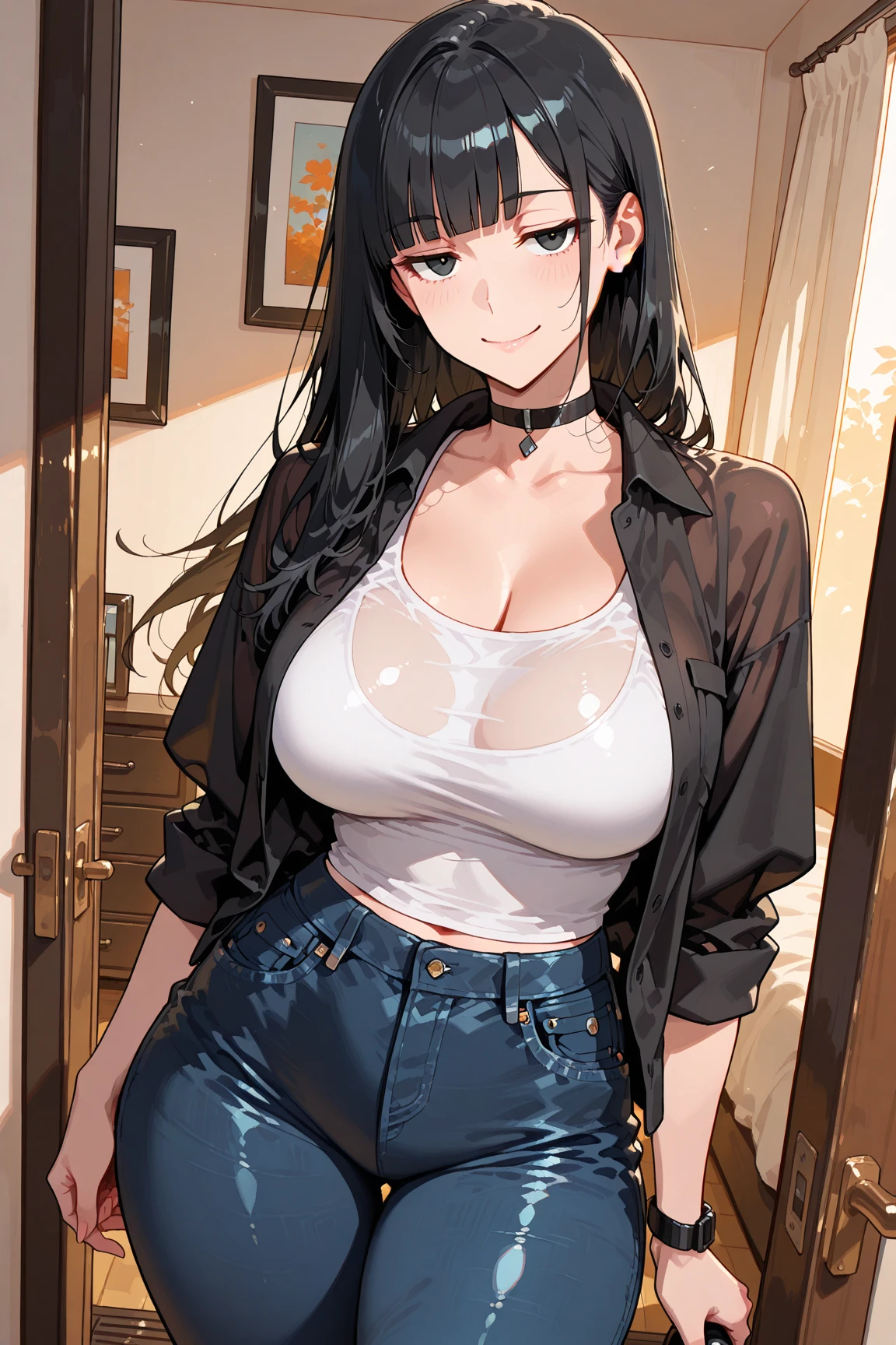 One woman,Big Breasts,Long black hair ponytail,Tube top,leather jacket,Denim shorts