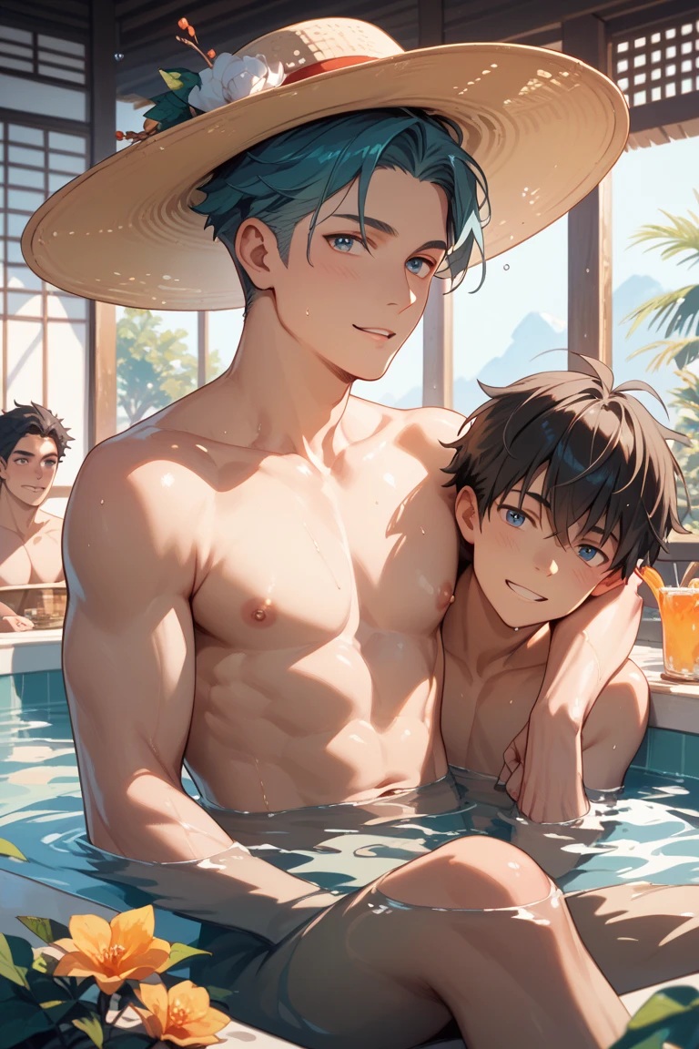 (masterpiece, highest quality, super detailed) , ,(two boys:1.8),),  (pool:1.4), ) ,many men, , short hair, , (swimsuit:1.3), , , landscape, リアルなswimsuit, (anime:1.2),  (swollen crotch:1.5), Topless, (shota:1.5) little boy, ,  standing posture, trunks, full body, yellow eyes, blonde, 
