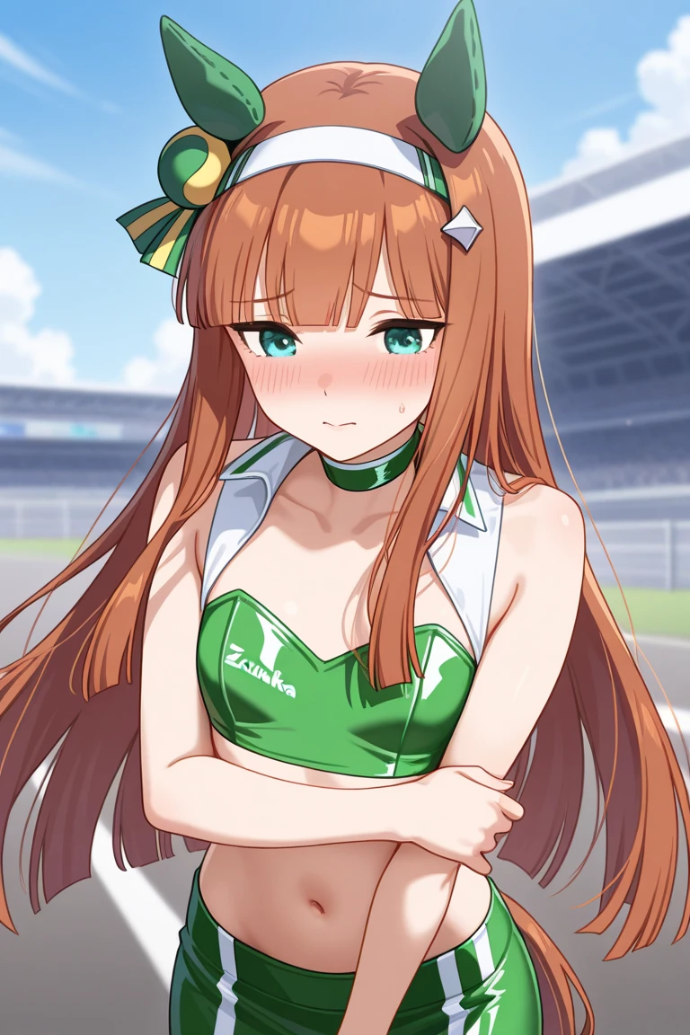 1人の女性、20yr old、Uma Musume(Silence Suzuka)、Game Uniform、very long hairstyle with chestnut hair,、Spiky horse ears、Horse's ears are green、light eyebrow、sharp eye、Emerald green eyes、running pose、full of sweat、Mass heat rash、Moderate udder、Rough breathing、Light blue bikini swimsuit、Lace pareo at the waist、Full body like、racecourse、daytime、outside of house