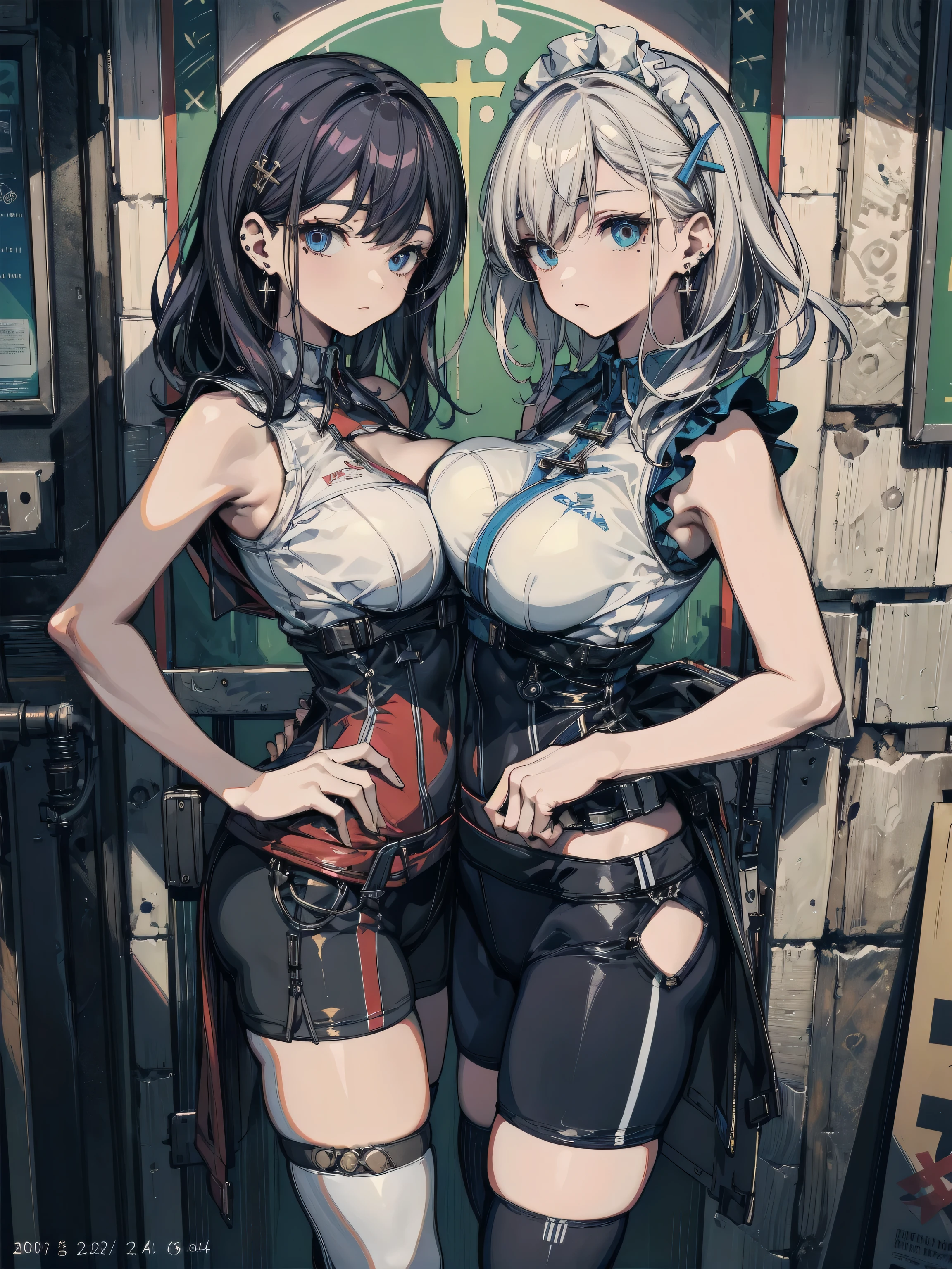 monochrome, greyscale, blood, cable, science fiction, cyberpunk, chromatic aberration, indoors, detailed background, night, 2girls, beautiful, duo, bare shoulders, sitting on bed, smiling, Seductive, nude, red light, long wavy hair, curvy, big breasts,
