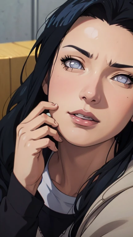 Hinata Hyuga, extremamente realista, muito linda, em um carro, cabelo liso