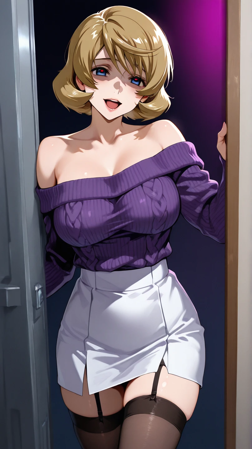 medium breasts, 1 girl, ((Light brown bun hair)) ((wolf girl)) light yellow eyes, has a beautiful sensual body, with full breasts and thin waist, and an extremely sexy body, HIP HOP Long pleated skirt, Pink off-the-shoulder blouse, has a bold appearance. Youngh, 品質, realisitic, best 品質, cute expression, red lipstick lips, Beautiful smile of a girl in love, leaning, In the living room, beautiful and with a romantic setting