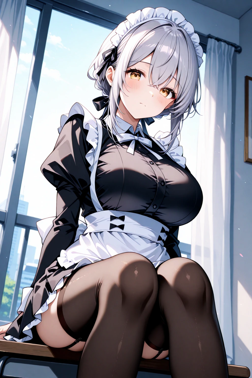 masterpiece, high resolution, best quality, perfect anatomy, perfect face, super detailed skin, 2 hands, 1 girl, solo, izayoi sakuya, (standing:1.3), (spread legs:1.3), faint lips, evil smile, smirk, made dress, covered erect nipple, medium breasts, glistening skin, lifted skirt myself, white panties, cameltoe, wet pantie crotch with love juice, love juice trail, medium silver hair, indoor, darkness bedroom, midnight, cowboy shot, looking at viewer, composition from the front, (nsfw:0.8),