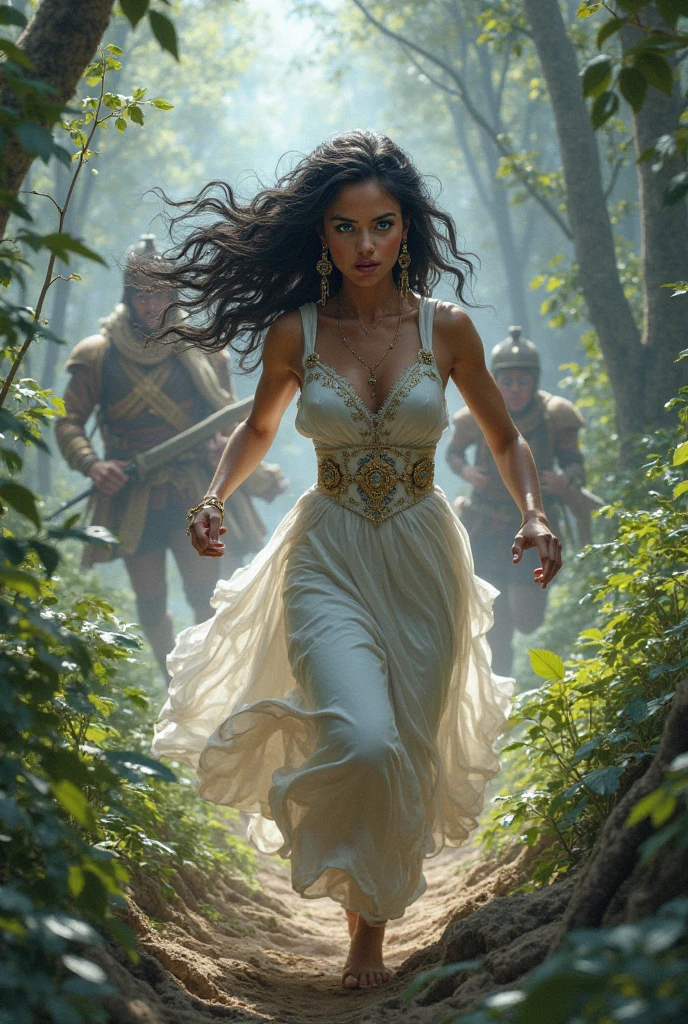 Caramel skinned princess with long black hair and blue eyes. your hands are wearing a pair of iron gloves that cover your fingers. She is wearing a white wedding dress that is ripped and shows her back with a vertical tear.. She is running to a turquoise palace and is scared. . Golden leaves fall from the blue sky. There are black and gold veins popping out from her bare back. Realistic illustration like fairy tales.