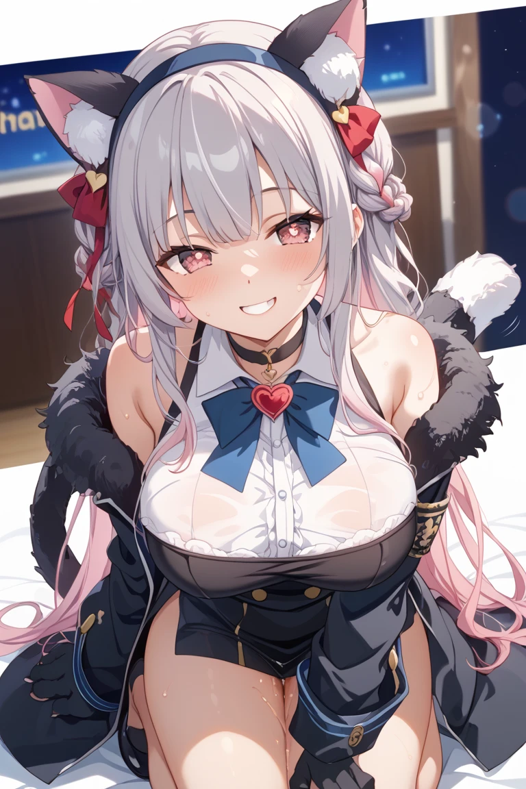 NSFW,masterpiece,Highest quality,High resolution,Super detailed,Shishirabotan\(Hololive\),Double Odango、flower、Side Lock、Lion's tail、White kimono、Off the shoulder、fur ornament、Black Hakama、Short skirt,Bad smile,blush,Estrus,Excited,Prostitute,(Red light district),Japanese-style room,Sexy pose,(Seduce),Crouching,Leg spread,heart,Sticking out tongue,High quality open crotch panties