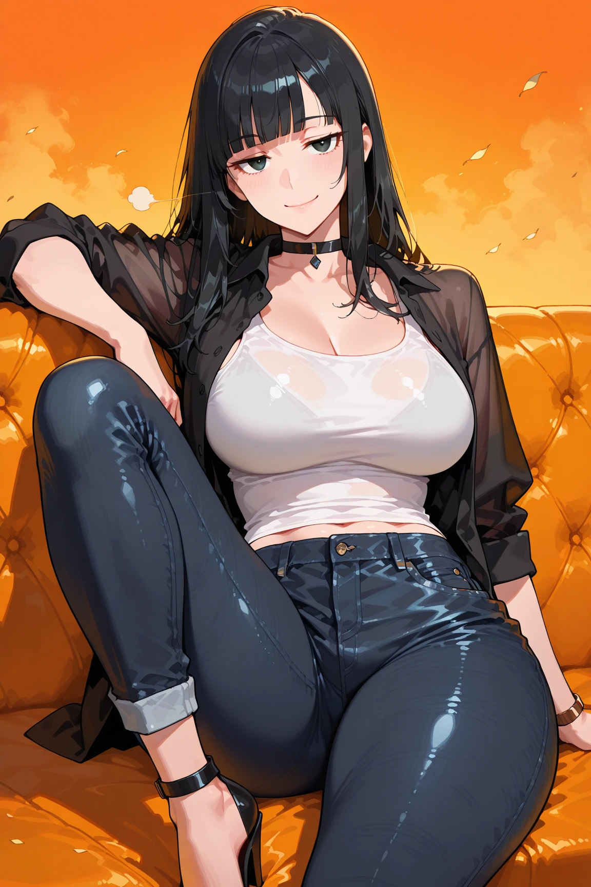 Anime girl long black hair, blue eyes, With big breasts and slim with hips and ass. In a restaurant waiting sitting and smiling, with short jeans and a tight top