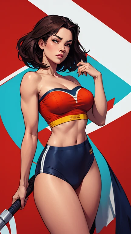 (high quality, best rendering), (beautiful girl), Blue Eyes,black hair, (bombshell, pin-up style), psychopath, crazy face, sexy pose, 2 piece outfit, pastel, centered, scale to fit dimensions, micro thong, micro bikini, camel toe