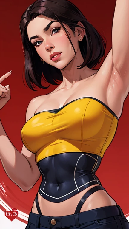 Upper body portrait, Living Inflatable sex doll, Floating, (tomie, hairband, blunt bangs, (mole under eye:0.7) extra long and thick luxurious hair with cerise highlights), freckled skin, huge breasts, (wearing massive blue and yellow college bomber jacket with tight anime logo t-shirt and mauve plaid miniskirt), (knee high socks), smiling and seductive, (blowing a gigantic bubblegum bubble from the front her lips), (indoor neon lit arcade with arcade cabinets), ((bodybuilder)), giving seductive look to viewer, several air hoses connected to her thighs and arms and back from air canister in room, rubber vinyl seams down centers of exposed arms and legs