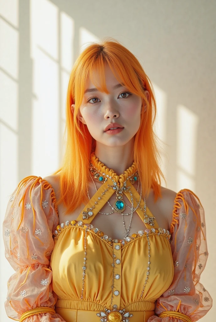 (extra detailed body、extra detailed face、best qualtiy:1.2)、femele、looking at the viewers、(Orange hair、Flashy clothes、14years、a smile、Feather piercings down to the bottom of the shoulder、hippy、hair adornments、Fancy Necklaces、Trumpet pants)、(City in the 70s:1.4)
