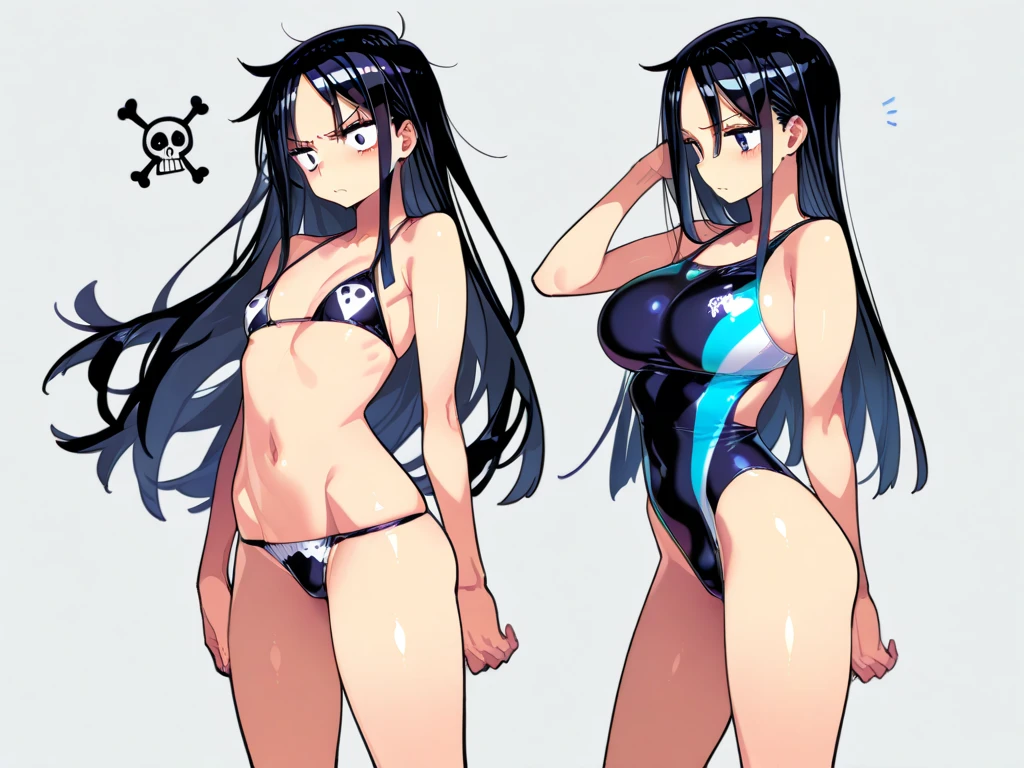 ((Best Quality)), ((Masterpiece)), ((Realistic)) 19 year old, redhead girl, shoulder length hair, relaxed happy face ((slender)) (busty), ((( cheongsam purple one piece swimsuit ))) ((sexy )) corkscrew hairstyle (((detailed character sheet, frontal view, side view, three quarter view))) (((white background))) 6 and a half heads full body