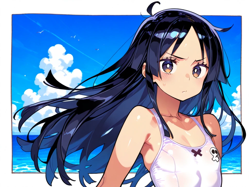 best quality, amazing quality, very aesthetic, absurdres, (1girl, aris (blue archive), blue archive, blue eyes, black hair, small breasts), (realistic face:0.9),(string bikini:1.8), (grin, blush, thigh:1.3), (cowboy shot), (glowing eyes), (half closed eyes:0.9), (from side:2), (official art:1.3), (pool), expressive eyes, perfect face, 4k, extremely detailed anime illustration, extremely detailed eyes, perfect anatomy, light rays, extremely delicate body, smooth skin, (simple background:1.5), clear eyes, beautiful face, small breasts,(anime style:1.7), (Warm Light:1.5), (highres:2),