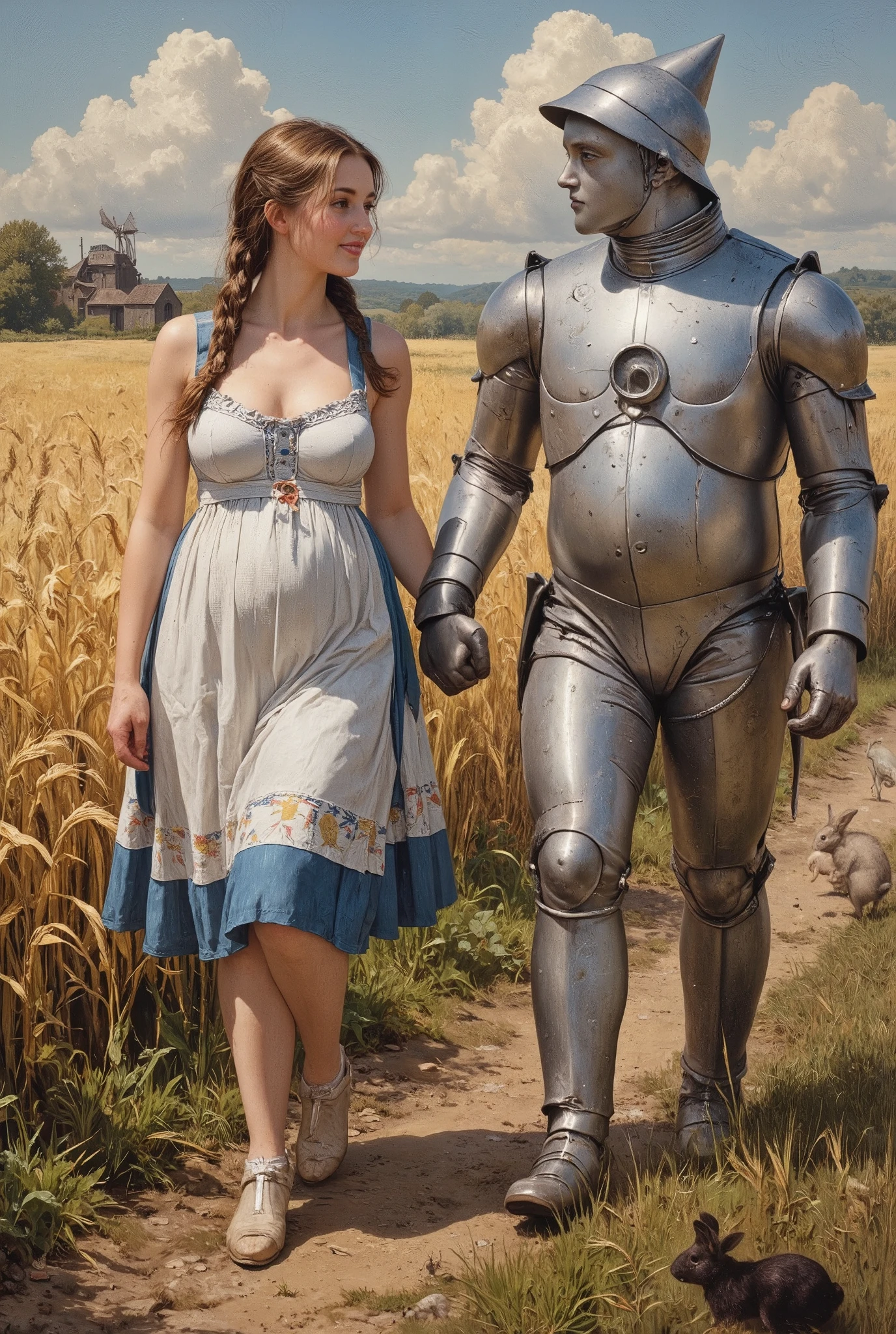 Dorothy is walking with the Tin Woodman,
oil painting by William Adolphe Bouguereau,
AntqglDNCE style, PosingDynamicsDaal ,
nsfv,
for adults,
Dorothy a pregnant woman with a big belly walks with the Tin Woodman along a path through a field of ripe wheat, an old mill is visible in the distance, The Tin Woodman is holding Dorothy's hand, he is wearing a pointed tin hat, he looks at Dorothy with love,
Dorothy has long hair in braids, her mouth is slightly open, orgasm, she looks at the Iron Lumberjack.
Dorothy is walking with the Tin Woodman, rabbits jumping around her, Dorothy's breasts are enlarged, Dorothy is wearing only a short sleeveless blue and white cotton dress, a short sleeveless pinafore dress, the bodice of the dress is down Dorothy's breasts are naked, bare large breasts with dark nipples, décolleté,
dorothy doesn't wear anything else,
Dorothy doesn't wear a blouse,
Dorothy's shoulders are bare, Dorothy is walking with the Tin Woodman в поле спелой пшеницы, rabbits running around,
Dorothy smiles,
Dorothy has beautiful bare breasts with dark nipples,
Dorothy is the Tin Woodman's lover, they are going to have a , full-length front view