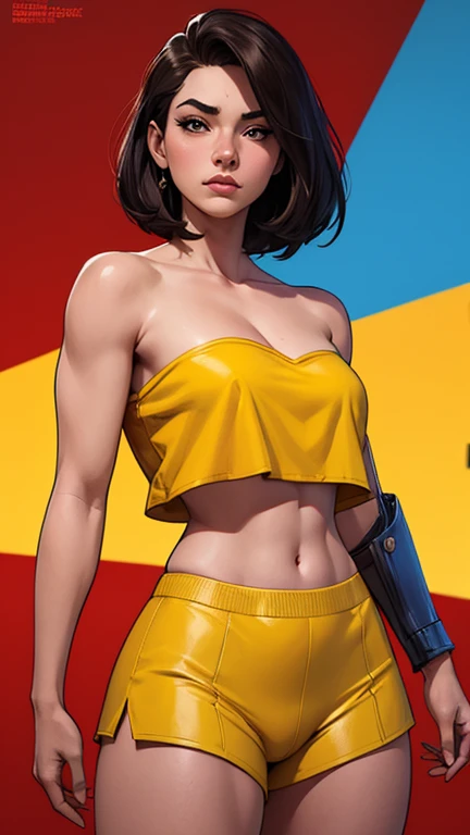 pretty woman, (1girl:1.3),
Peplum Top,
Brown highlights hair,
Pixie cut,
High-waisted shorts,
rubenesque, pinup,
cowboy shot, standing , in a retro-futuristic setting, atompunk style,white background, blank background,, (Extremely Detailed Oil Painting:1.2), glow effects, godrays, Hand drawn, render, 8k, octane render, cinema 4d, blender, dark, atmospheric 4k ultra detailed, cinematic sensual, Sharp focus, humorous illustration, big depth of field, Masterpiece, colors, 3d octane render, 4k, concept art, trending on artstation, hyperrealistic, Vivid colors, extremely detailed CG unity 8k wallpaper, trending on ArtStation, trending on CGSociety, Intricate, High Detail, dramatic, absurdes