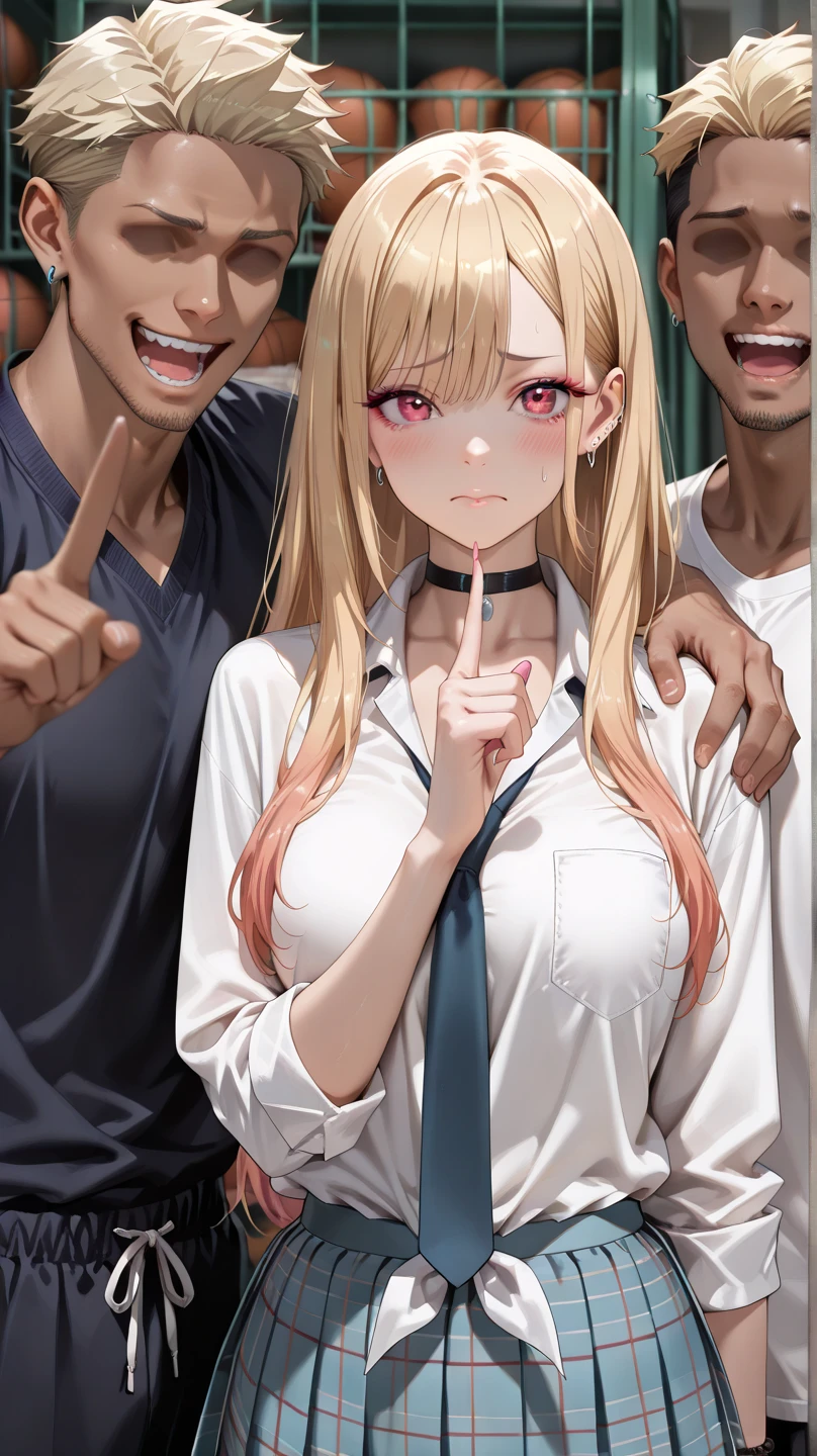 Three male students forcefully have sex with a girl who is crying and groaning in disgust, ripping off her blouse and exposing her bra and panties, grabbing her breasts.、Standing posture