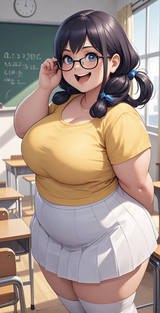 (masterpiece, best quality), 1girls, big belly, blurry background, huge belly, art by kipteitei, round belly, chubby, curvy, curly hair, brown hair, white button-up shirt, skirt, thighhighs, simple_background, gradient_background, belly bursting out of shirt, belly grab, enormous belly, fat belly, thicc, bigger belly, sitting on chair, really big belly, jiggly belly, shirt covering belly, belly cover by shirt