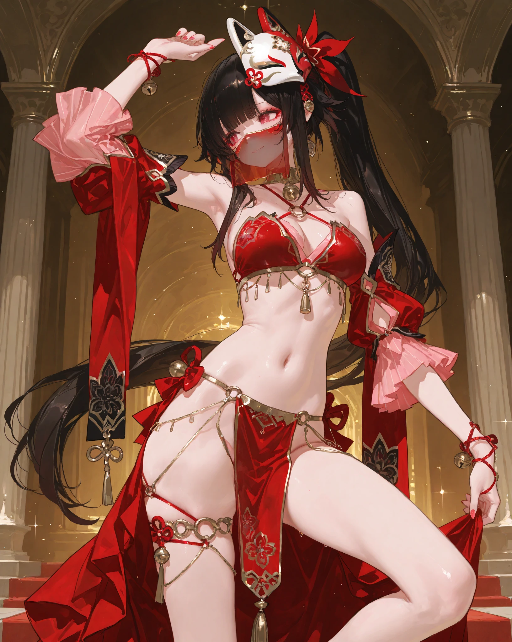(Exquisite eyes),(Clear and beautiful eyes:1.61),masterpiece, 1 young girl,(Black clothes and some red gems), Black long hair, (She has a huge red gem on her chest), Good Hand,((The Havoc of StarCraft)),full-body shot,Fighting Stance,(Red Eyes:1.466)，short and small,(Very big breasts:1.35),(Pretty Face),(full-body shot:1.33),Beautiful hands