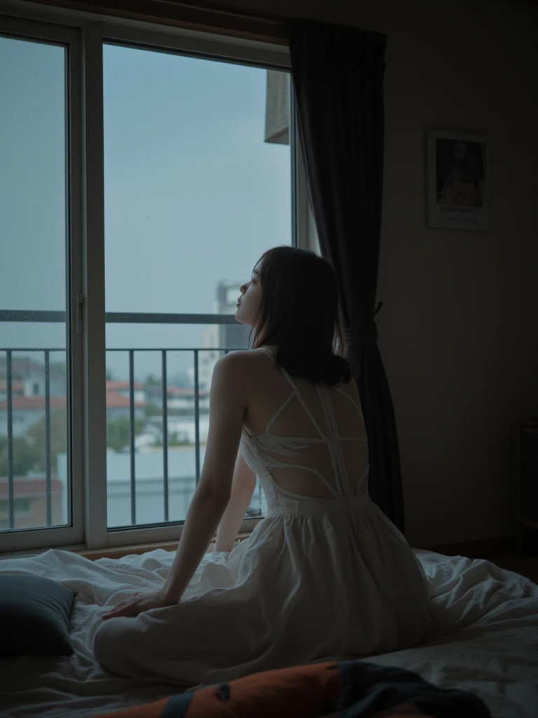 There was a person sitting on the bed in the room, obscured underexposed view, eerie person silhouette, captured with sony a3 camera, ominous figure in the background, reflected in giant mirror, eerie back light, Silhouette!!!, sitting on the edge of the bed, in her room, low quality photo, mystical figure, taken with a Sony A7R camera --auto