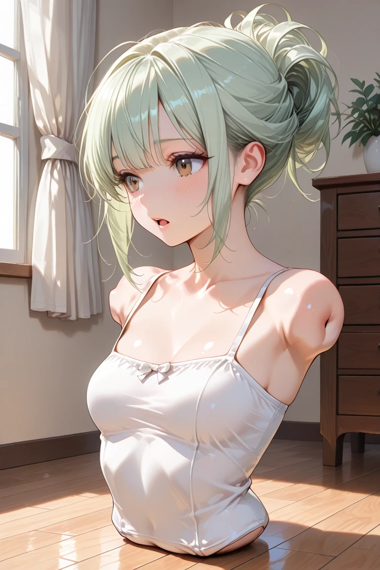 8K、quality、on the table、super high image quality、Super detailed、Super beautiful、Ultra-realistic hair textures、anime illustration、Surreal sensibility、Whole body ESBIAN、mesmerizing looks、shave 、Off-the-shoulder blue yukata、beautiful woman, red eyes、Skin glows、Very huge、Red lace breasts are super big、Skin glows 、clean skin、Japanese style room with daytime background, Big breasted 1.5,blush,