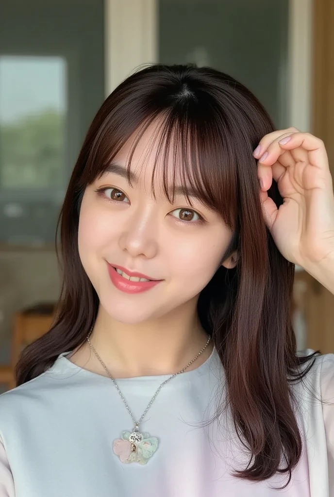 incredibly absurd, beautiful and cute 20-year-old Korean girl with a photorealistic face, showcasing top-quality craftsmanship. Her slender frame adorned with short, messy hair. The artwork high-resolution, allowing for ultra-detailed features to be captured flawlessly. The focus lies on the realistic pupils, showcasing depth and emotion. ((breasts out)) cute smile.