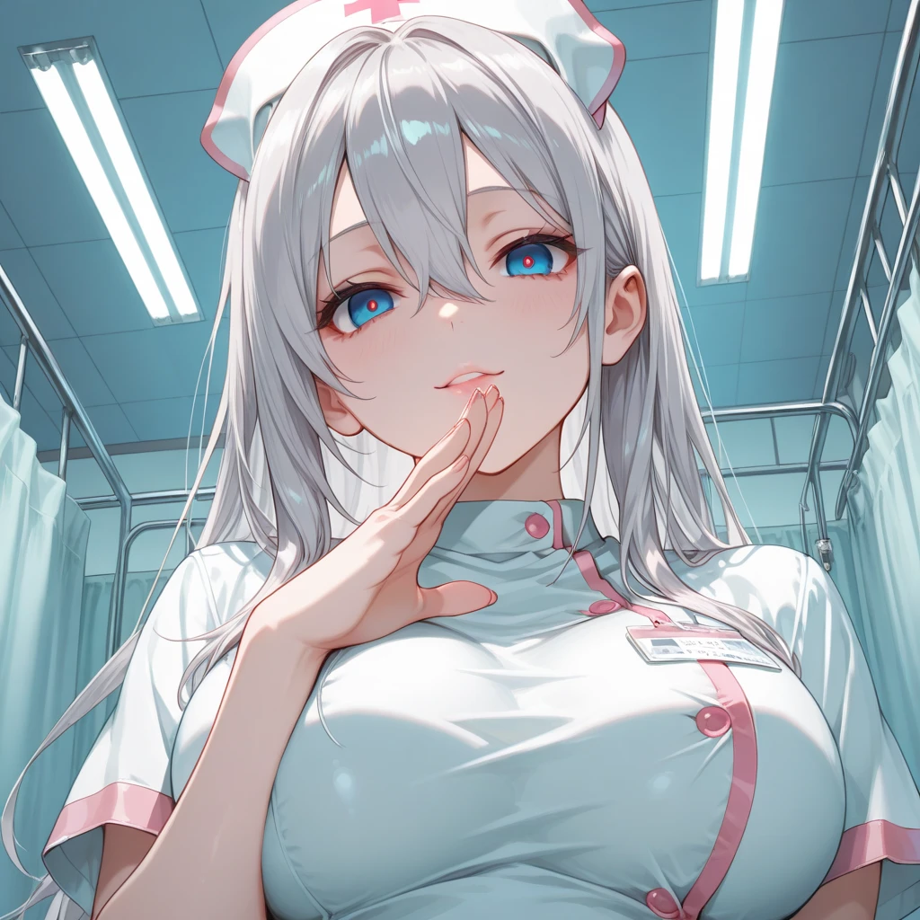 Romantic interior of a love hotel,nostalgic light,Bedrooms,fluffy hair,rainbow-colored hair,white, light pink, light purple, light green and light blue,white nurse uniform and nurse cap,has a stethoscope and a syringe,Bewitching look,Slightly red tide,excited look,Her chest is wide open and her cleavage is visible.,Nipple bumps,
