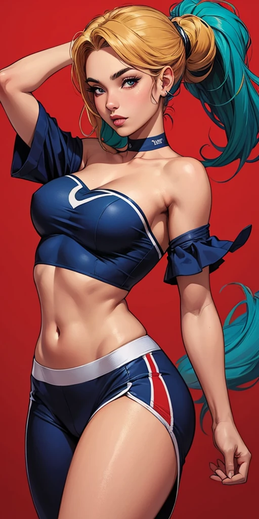 Fighting game characters、Five-fingered、Big breasts about to burst、cleavage of the breast、One Woman Alafe、Green hair、Slender and long legs,、Fitness Model、musculature、abdominals、Height 175cm、Sky blue shiny martial arts suit、skin tanned、glistning skin、Cool smile、full-body view、Pose ready to fight