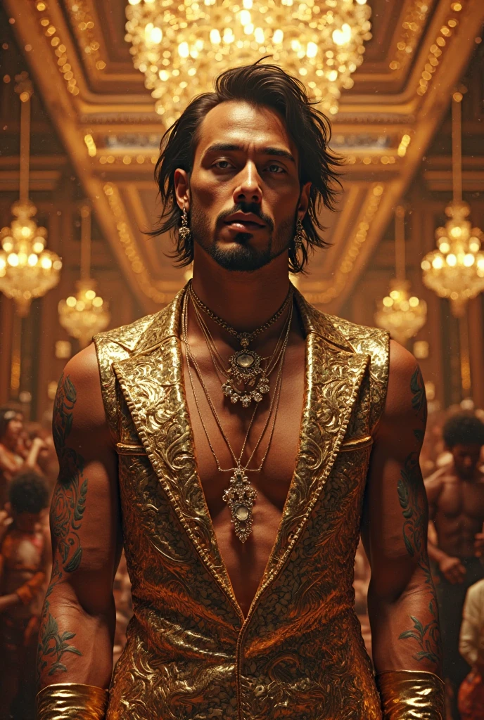 A 16-year-old Moroccan boy with curly hair , bare feet, muscle, wearing white and black striped pants with thick metal bracelets binding his feet and neck , kneeling before the king of a great army in Europe