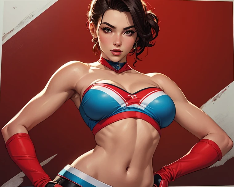 Lay down on top of a bed, viewed from above, is a Beautiful woman wearing a red white and blue leather (basque) like a union jack flag, stockings, beautiful black hair, cleavage, gorgeous young model, beautiful woman, beautiful young woman, a gorgeous, very pretty model, perfectly formed fingers.