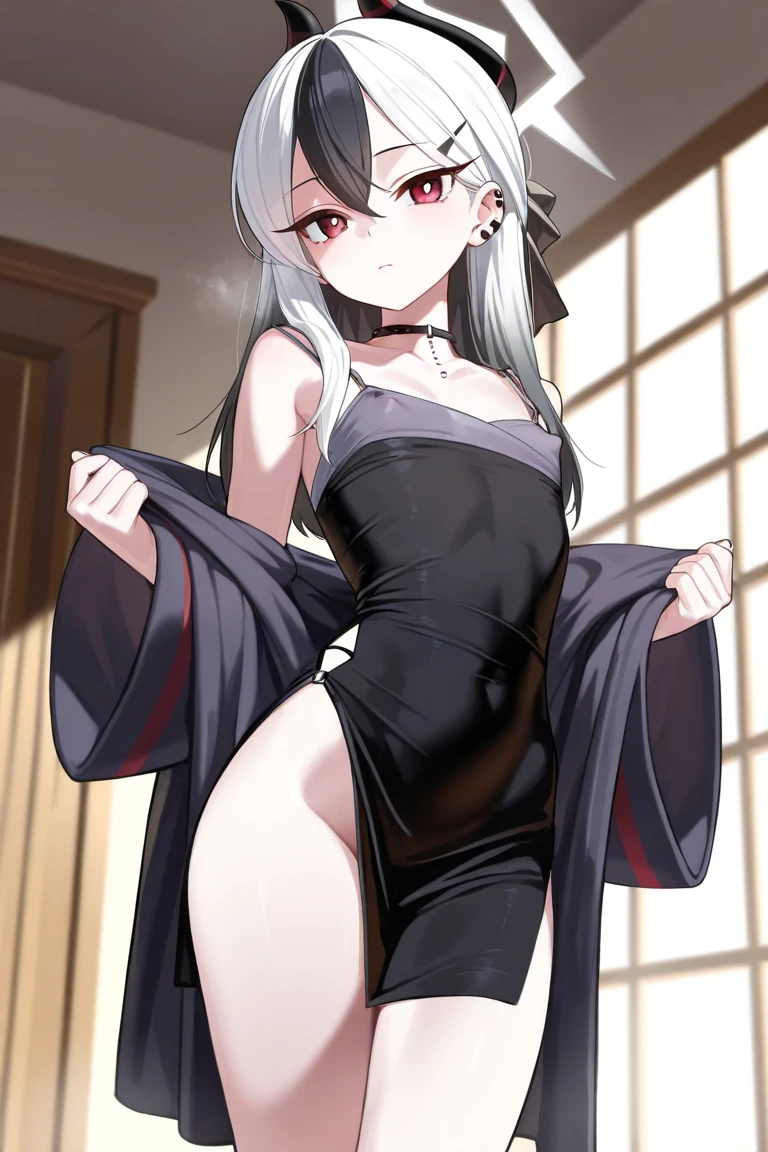 1 girl, Grim Reaper Backlight, look at viewer, white hair, red eyes, Blush, smile, Arrogant, shining eyes, , (shaded face:1.2), nude, sexy, Pose
