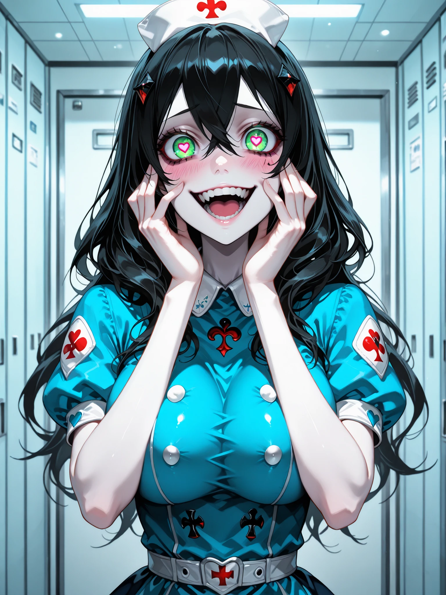 AliceMadness, 1girl, black hair, long hair, green eyes, long hair, large breasts, black_hair, directional lighting evident, slight hair-sheen/gloss, eyes full of madness and insanity, 1woman, yandere trance, yandere, hands on own cheeks, hands on own face, crazy eyes, crazy smile, crazy, heart-shaped pupils, glowing eyes, symbol-shaped pupils, spade-shaped or diamond-shaped eye, heart-shaped eye, playing cards theme, hand on own face, open mouth, blush, looking at viewer,,A yandere-style nurse in a sterile hospital corridor, wearing a traditional white nurse's uniform . She has wide, unblinking eyes, a twisted smile, Her long black hair contrasts with her pale skin. Behind her, the dim-lights flicker slightly, and there's a faint trail of red footprints — blood footprints, anime horror aesthetic, tense and eerie mood. omnious, dim-lighting evident, eerie hospital vibe, Hospital in Wonderland, bloodstained white_tiled floors, bloodstained footprints, twisted reality, extra belts, at night, night-time, omniously-dim, underlit face, main lighting is omnious underlighting, playing cards theme, hearts, clovers, spades, diamonds, Alice_in_wonderland, laughing maniacally, horror, insanity,