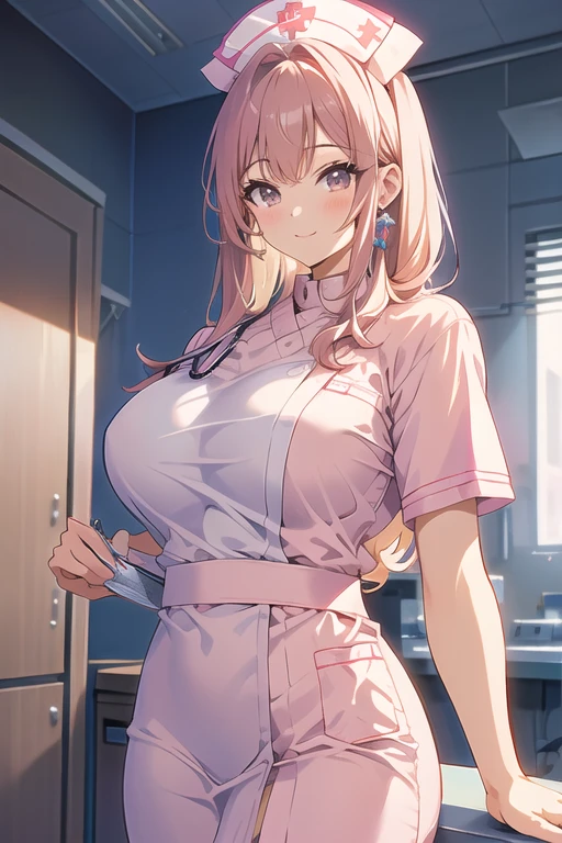 Nurse in pink suit looking at her tits,ojos verdes y pelo cafe corto,grandes senos y culo gigante