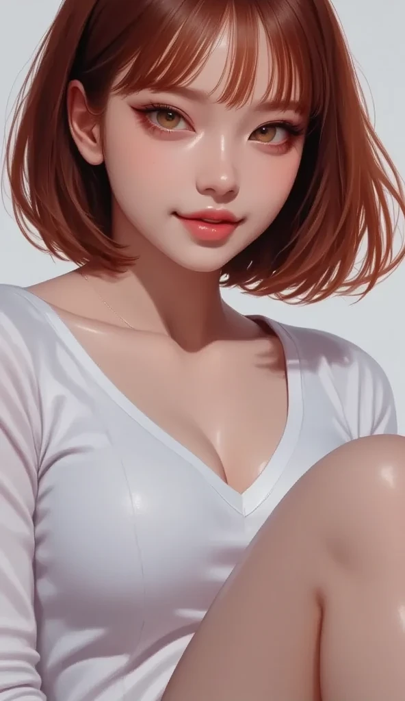1 beautiful woman, (porn poses), perky breasts, ample cleavage, round and firm breasts, well-endowed, perfectly shaped bust, underboob shirt, (beautiful face, aroused expression, seductive, intense makeup, (Realistic red hair), (short wavy hair, bob cut, earrings),large hoop earrings, Macro panties, white boots, eyes closed, mouth open
