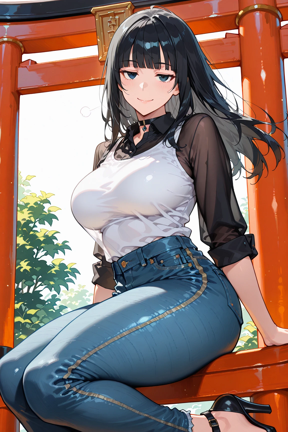 (masterpiece, best quality: 1.2), cowboy shot, solo, 1girl, yaoyorozu momo, anime screencap, city, long hair, black hair, gray eyes, looking at the viewer, lustful, closed mouth, ass, wide hips, short shirt, short shorts, unbuttoned shorts, erotica, back