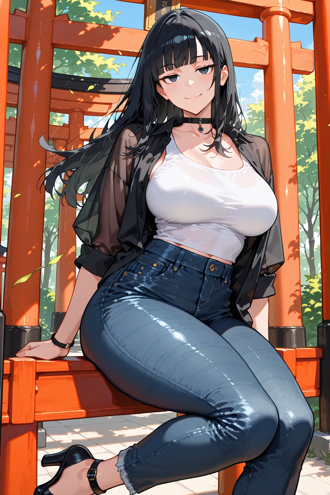 1 Girl,Solitary,best quality, masterpiece, 8K,Raw photo, photo (Purpose), Extremely detailed, Raw,Practical,sit, Looking at the audience,jeans,White T-shirt,Long hair,Black Hair, bench,