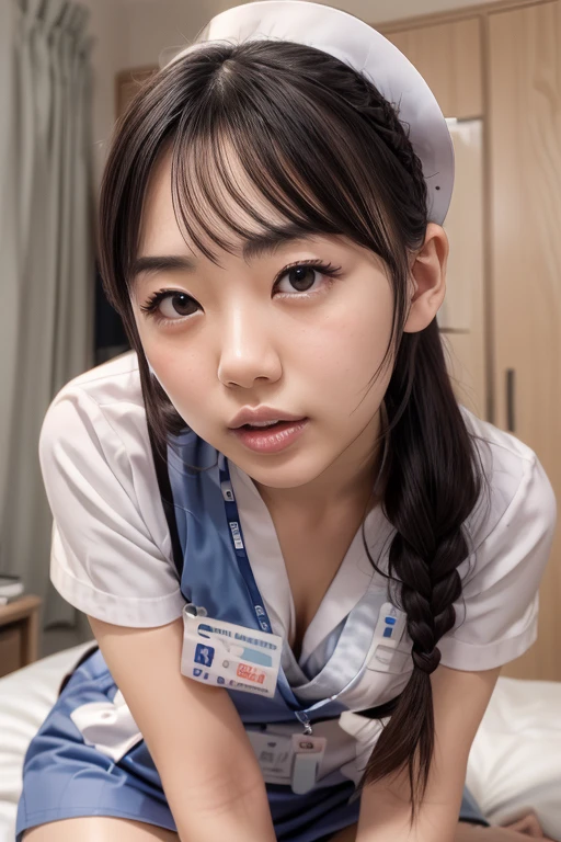 (Girl showing the inside of her mouth:1.5)、(Close up portrait of twin-tailed hair girl with slender small breasts in cute dress with ruffles:1.3)、(without background:1.3)、(tre anatomically correct:1.3)、(complete hands:1.3)、(complete fingers:1.3)、Photorealsitic、Raw photography、masutepiece、top-quality、Hi-Res、delicate and pretty、face perfect、Beautiful detailed eyes、Fair skin、Real Human Skin、pores、((thin legs))、(Dark hair), (debris flies:1.2),(8K high quality), (highest quality), (RAW image quality), (reality), (that'realistic:1.37), Big eyes,long eyelashes,that'exquisite(Live-action realistic style),ultimate face,✤ Light and shadow,clear facial features,milky white skin, high detail skin,realistic skin details,visible pores,(Super detailed),(short hair),best portrait,((Photo taken from a distance, from the front)), only one girl, cute type,fine and beautiful eyes, beautifully detailed nose, highly detailed skin) ,(Beautiful face with double eyelids), (realism: 1.4),excellent details, ultra high resolution,,,delicate and beautiful face,,25 years old,(beautiful face 1.4),thin,,((Photographed in a hospital operating room)),, ((Wearing a nurse's uniform and making eye contact with the audience)),Wearing a nurse cap,(The hospital is white.),,very beautiful legs,((Crouch in front of the viewer))),squat with your legs slightly open,the hospital floor is white,Crouch in front of the viewer,((Crouch in front of the viewer)), ((15 year old girl, slim, Thin waist, thin thighs, thin arms, smile)), (((facing up, (view from above:1.2), semen on , penis facial, cum, pov, ((tongue out, open mouth)), Close ~ eyes)))