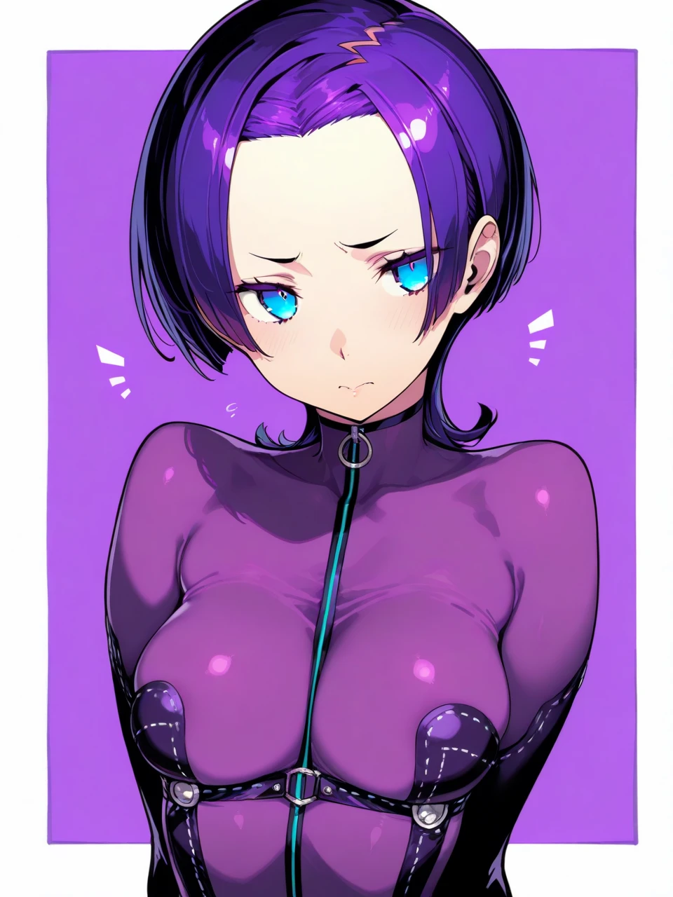 zPDXL, source_anime, Human, red eyes, short pink hair woman, zPDXL, evil smile, closed mouth, zofa bodysuit, zofa belt, black gloves, zofa on face, chest jewel, laying on ground, cowboy shot, solo, indoors, finger masturbating pussy, Lewd face, sticking out tongue, mouth open, eyes looking up, blushing cheeks, legs spread