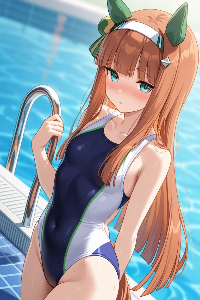 one-piece swimsuit, strap slip、swimsuit、Chestnut Hair、Semi-long hair、、Cute Swimsuit、Random erotic poses、Chestnut Hair、Semi-long hair、Blushing、lipstick、Perfect hands、Detailed hands、Poolサイド、Pool、one-piece swimsuit, strap slip