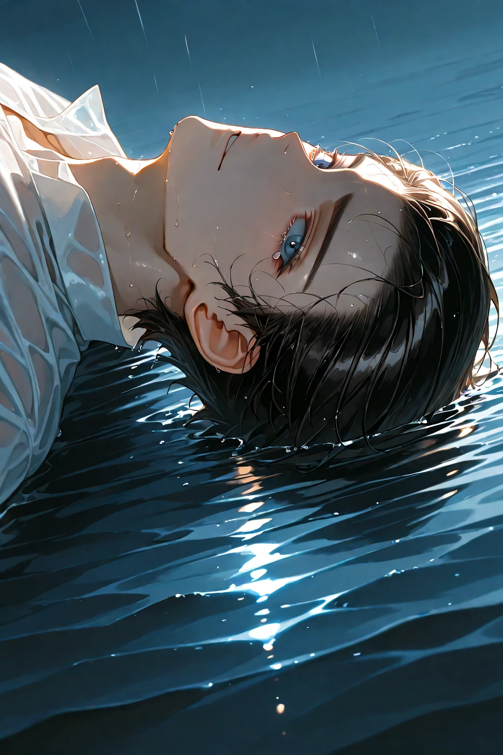 ((tmasterpiece)),(((beste-Qualit))), lies in the water, Blood in the water, grabbed his head, madness, small pupils, insane, anger, Thirst, close-up of a man with dark hair and a white body, character close up, Subsurface scattering skin, Attractive humanoid, no shirt, high detail, stylized portrait, character close up, Only the head and torso, androgynous face, Skinny fantasy man, Fan art, Art, handsome male, pale skin, l vampire, red-eyes, Skinny face, sunken cheeks, Sharp fangs, A sad deep look, Sad, thought, Looking down, Melancholic appearance, sharp chin, Smooth face, naked thin body, earring in the ear, hair color: chestnut, red hair ends, thin eyebrows, short hair on the side, pixie hairstyle, Black background, Smoke, haze, A pool of blood, reflection
