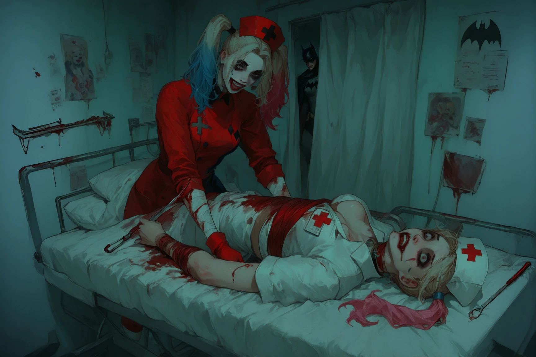 (Extreme complexity, two unique subjects) Margot Robbie as Harley Quinn (insane pretty face, tiny themed outfit Harley Quinn makeup on body, blood spatter) is wielding a bloody ball bat. Harley is standing over a confused Saitama who is lying on the ground on his back (iconic yellow suit, blood spatter, red cape, bald head). Downtown Tokyo