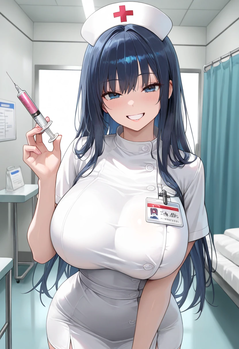 1girl in, Bangs, Holding, Holding_masturbation, Nurse, Nurse Cap, blush, breasts, Choker, cleavage, Closed mouth, 鎖骨, frilld, hair between eye, Holding, Large breasts, Long hair, Looking at Viewer, Smile, Sweat, Upper body,
Hospital bed, (Hospital)
masutepiece, Best Quality,