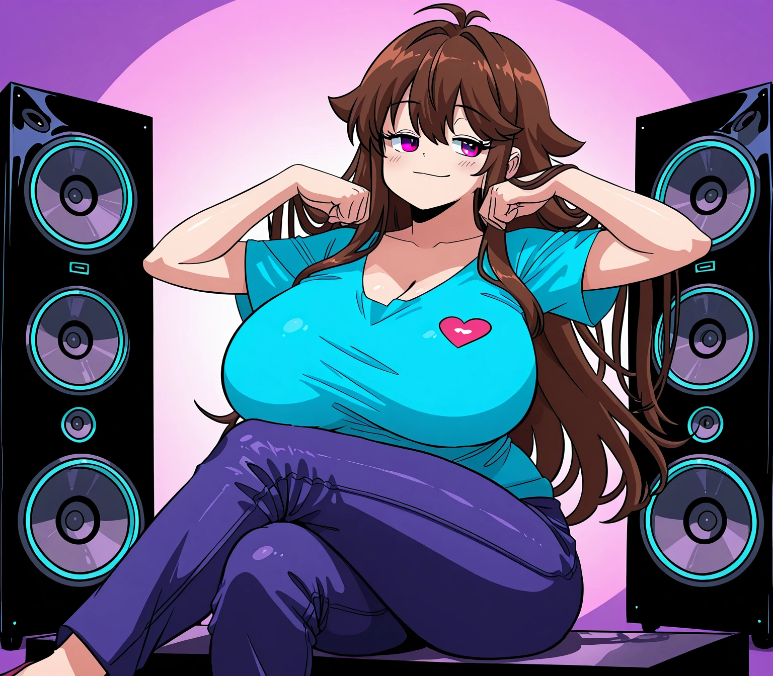 score_9, score_8_up, score_7_up, solo, 1girl, girlfriend \(friday night funkin'\), smile, sitting on speakers, red footwear, high heels, black eyes HypnoLullabyGF, Red beanie hat, solo, brown hair, jacket, red headwear, Blue jeans, smile, red shirt, black eyes, open mouth, black jacket, ((large breasts)), very long hair , full body, sitting, from behind, ((Chubby hips))