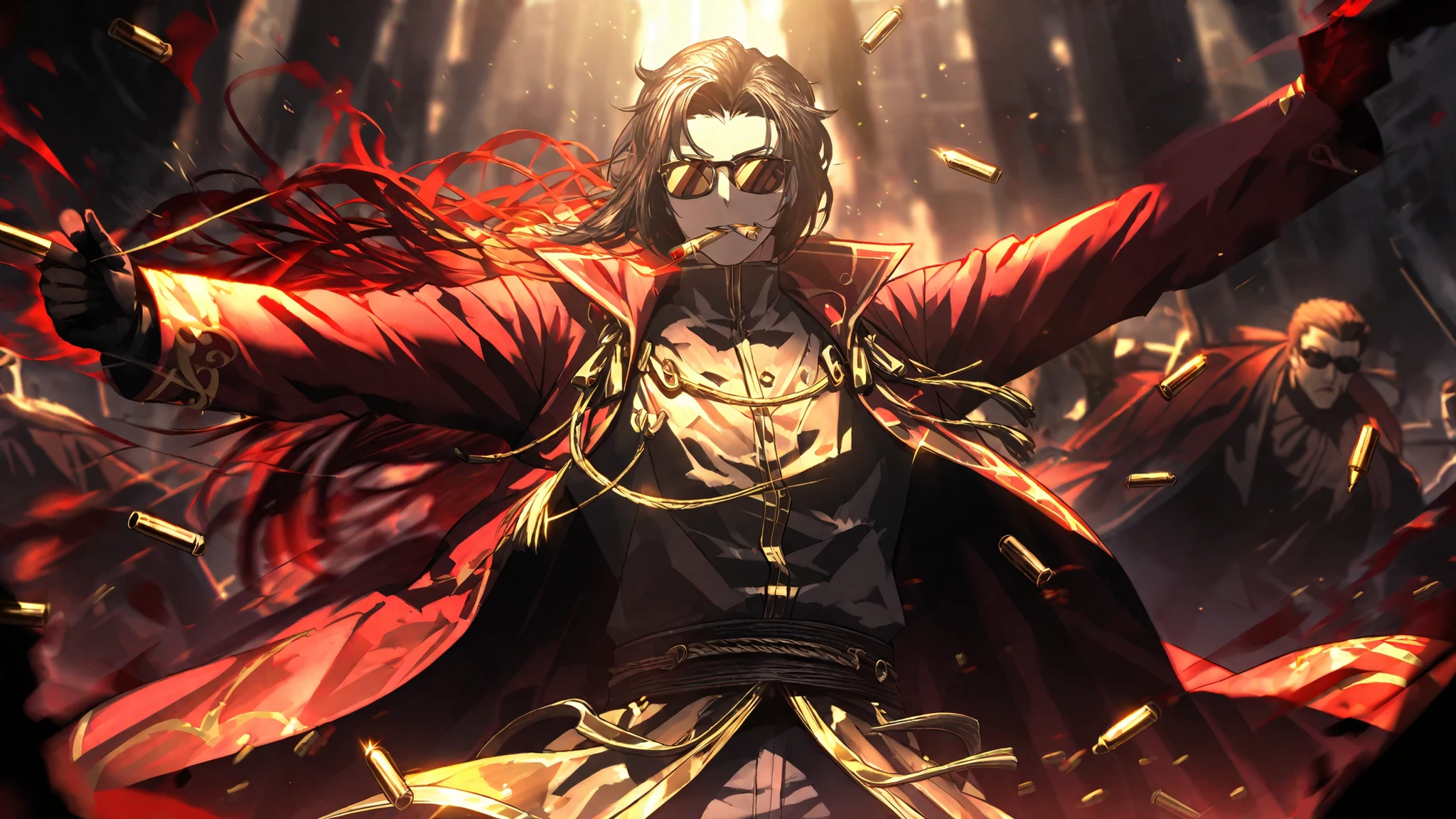 A dynamic and vivid scene showcases a confident, sunglasses-wearing male in a dramatic pose, exuding an air of authority and mystery. The individual, dressed in a richly detailed, crimson coat with gold embellishments, acts coolly while holding a cigar, which is depicted mid-smoke, adding to the smoky and intense atmosphere. Their dark hair flows with the movement, adding a sense of speed or motion. Surrounding the character are cascading bullet casings, painted in bright, reflective gold, creating an impression of action, possibly gunfire, occurring around them.
The background is a swirling mix of reds and blacks, suggestive of both fire and shadow, enhancing the scene's sense of tension and drama. The intense interplay of light and dark elements frames the character in sharp focus, spotlighting their composed demeanor amidst the chaos. The overall mood is one of cinematic excitement and stylized action.