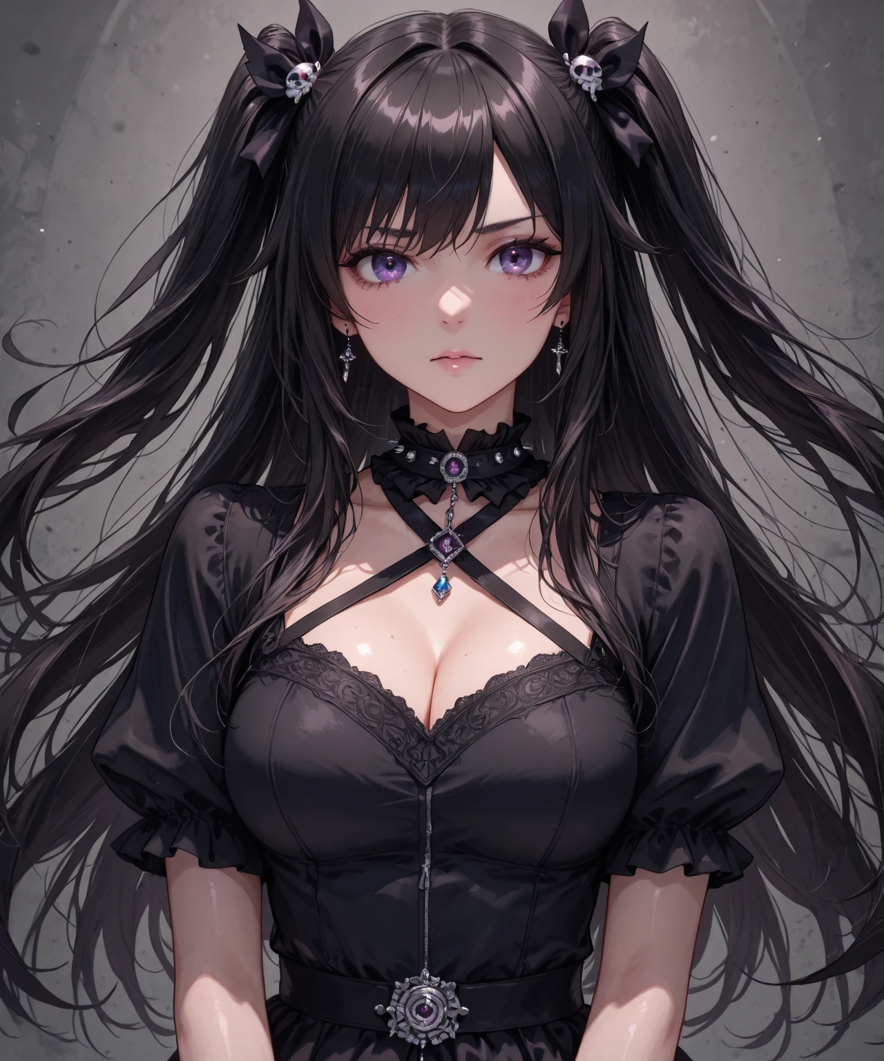 Kizi, black anime eyes, pale skin frowning face, black hair with two long straight ponytails, black corset with purple lace and black and purple skirt, Kuromi symbol, anime styling.
